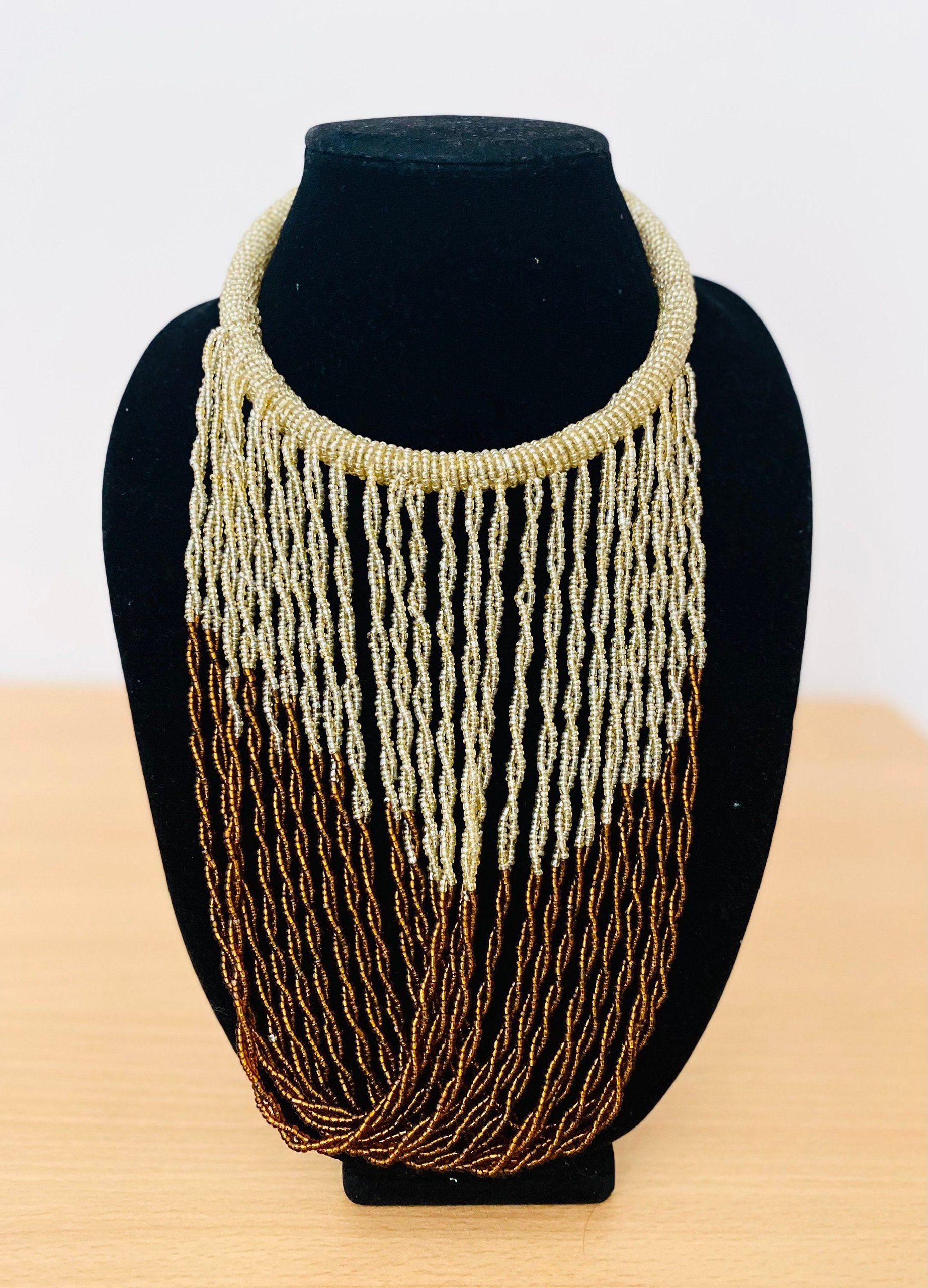 African Maasai Handmade Beaded Necklace – Beige Brown