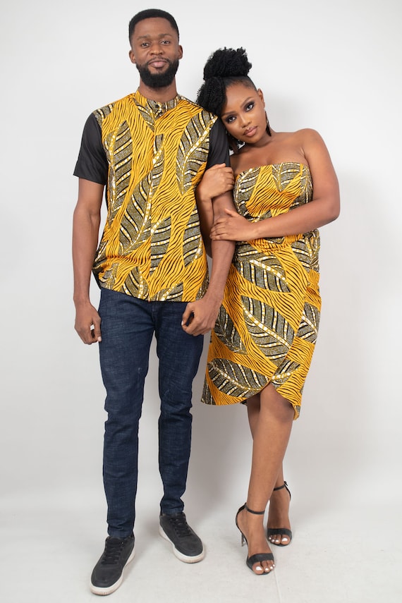 JENUE Mens African Print Ankara Shirt - Yellow&black