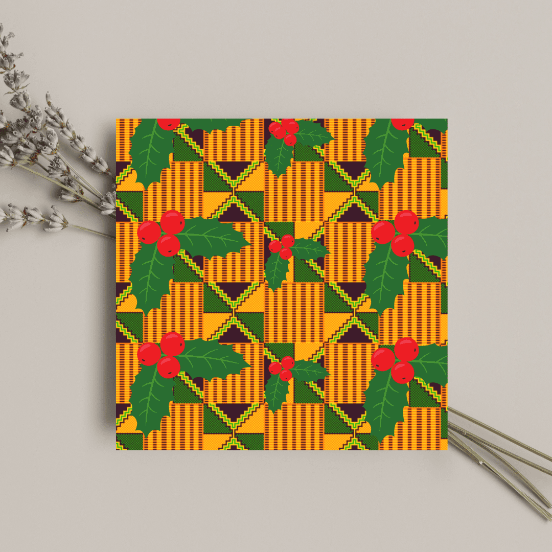 Kente and Holly Christmas Card. Black Ghanian Inspired Card