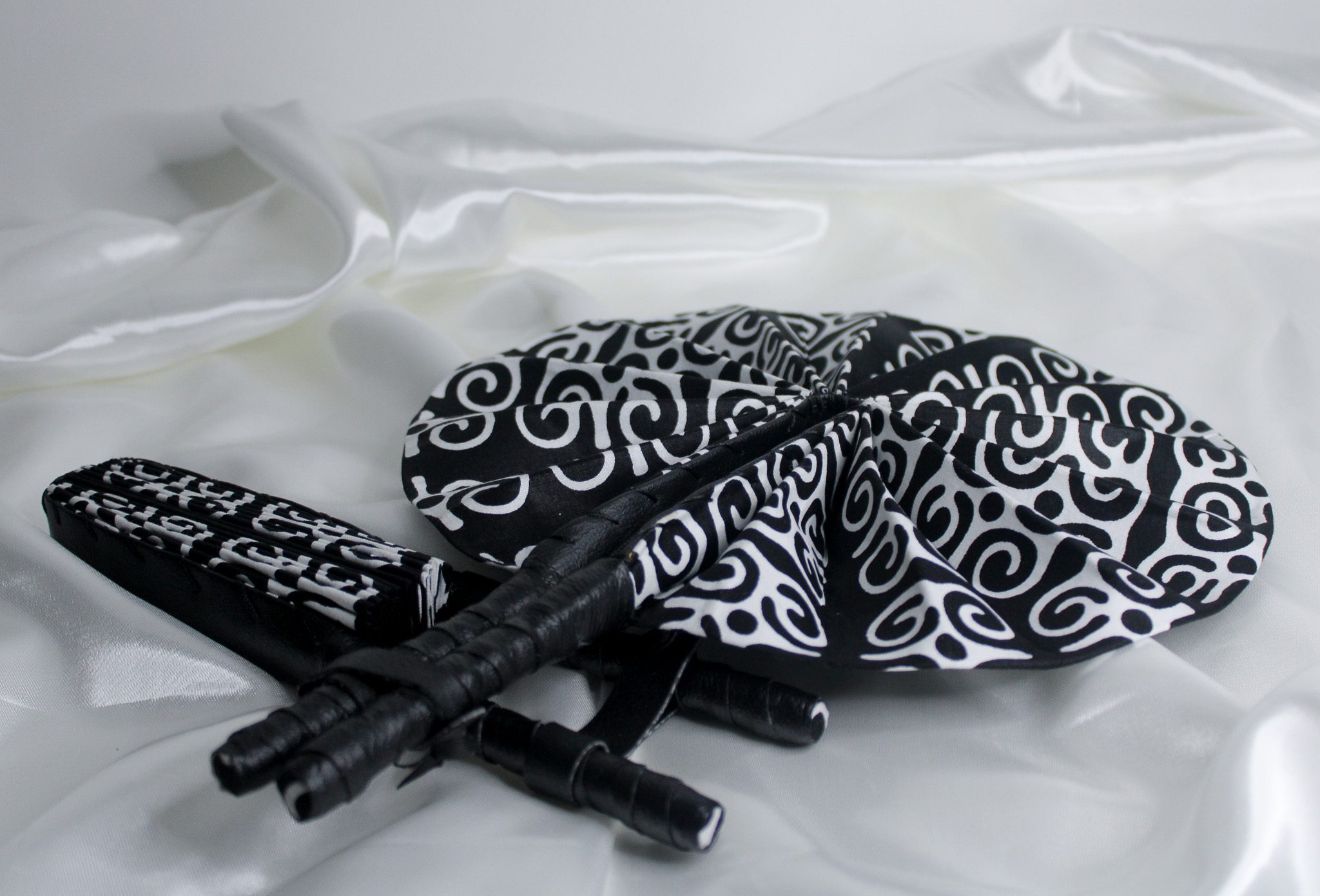 African Ankara Print Handheld Folding Fan - Black Swirl