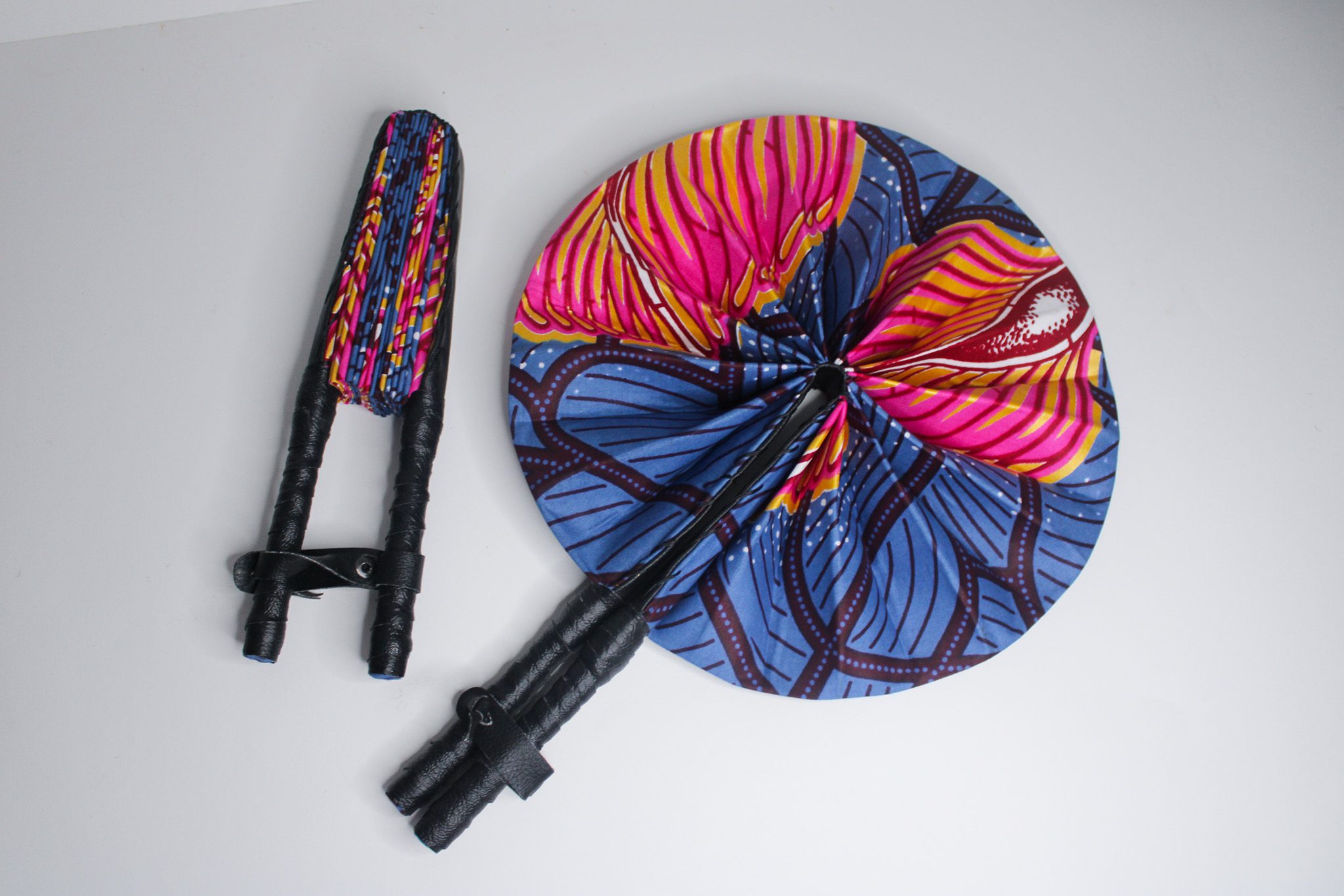 African Ankara Print Handheld Folding Fan – Blue & Pink