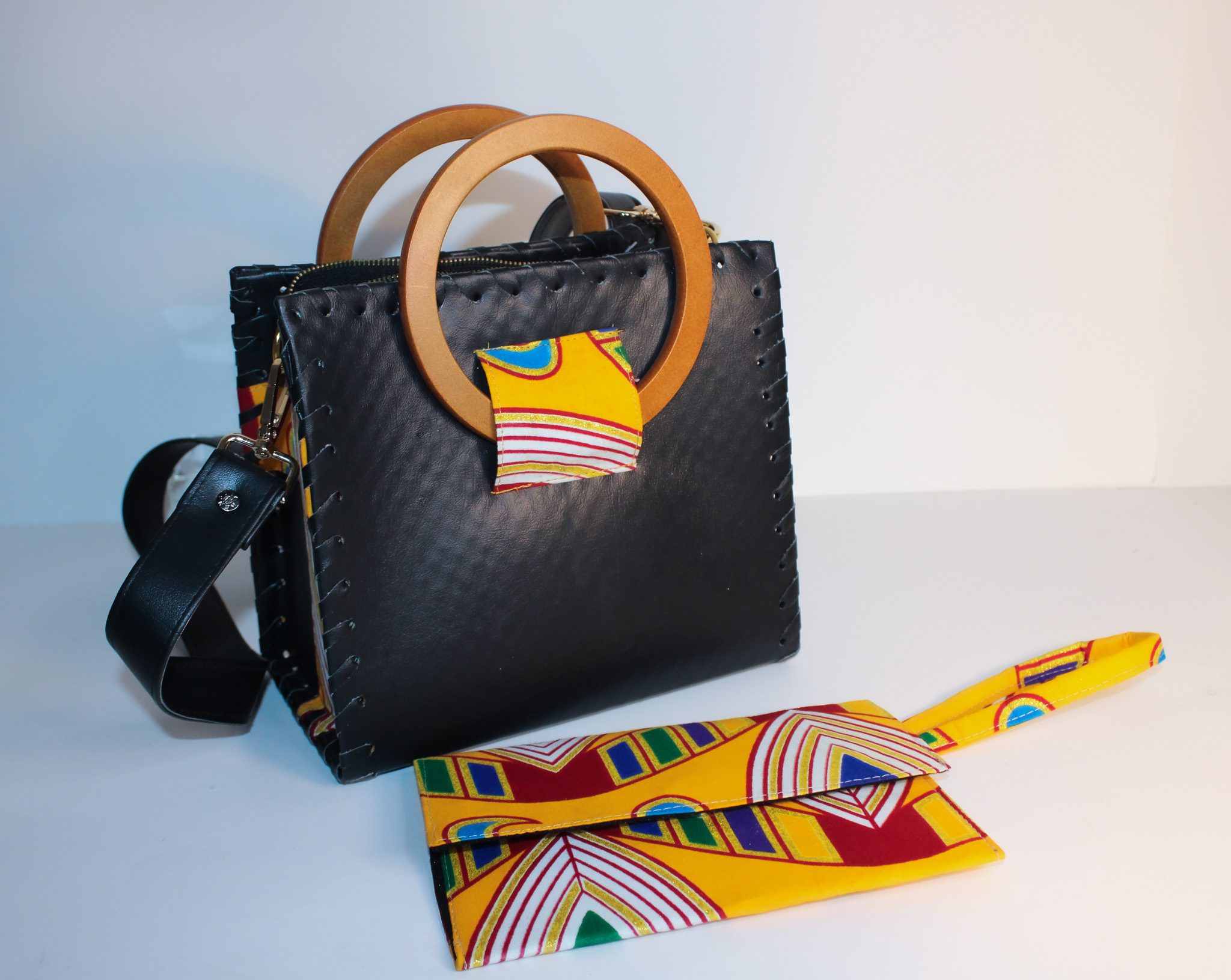 Black Vegan Leather Handcrafted Handbag – Modern Kente Print