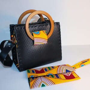 Black Vegan Leather Handcrafted Handbag - Modern Kente Print