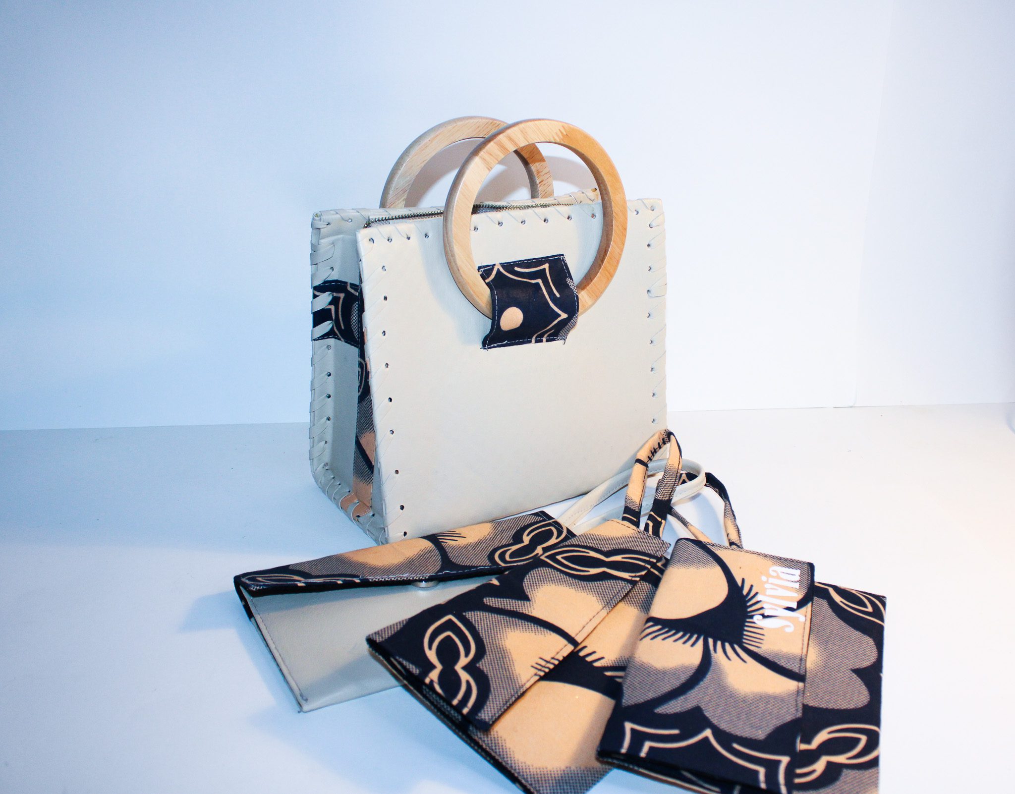 Beige Vegan Leather & Ankara Handbag - w/ Fan & Wallet