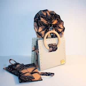 Beige Vegan Leather & Ankara Handbag - w/ Fan & Wallet