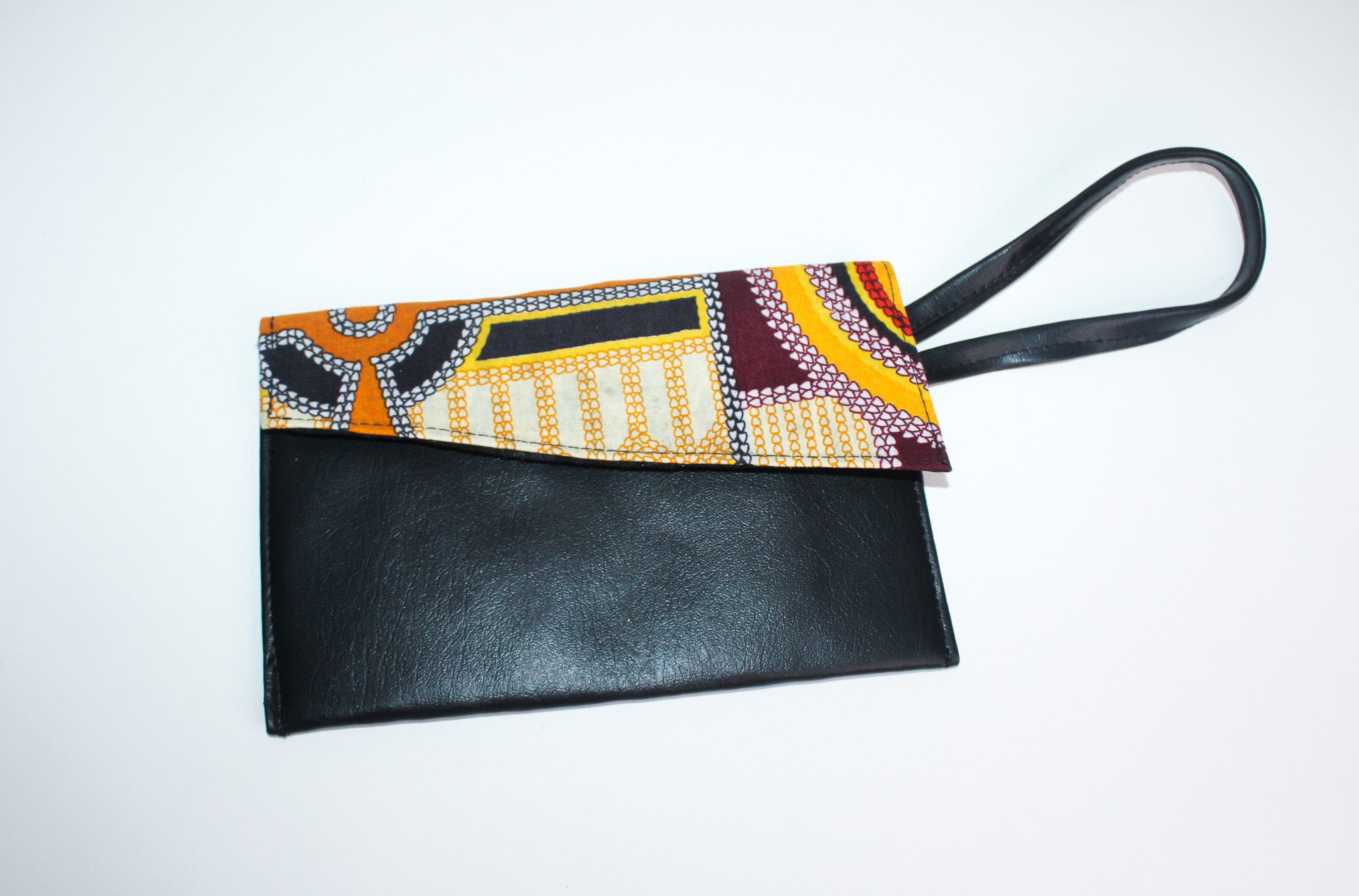 Wallet/ Wristlet Bag | Ankara Fabric & Black Vegan Leather