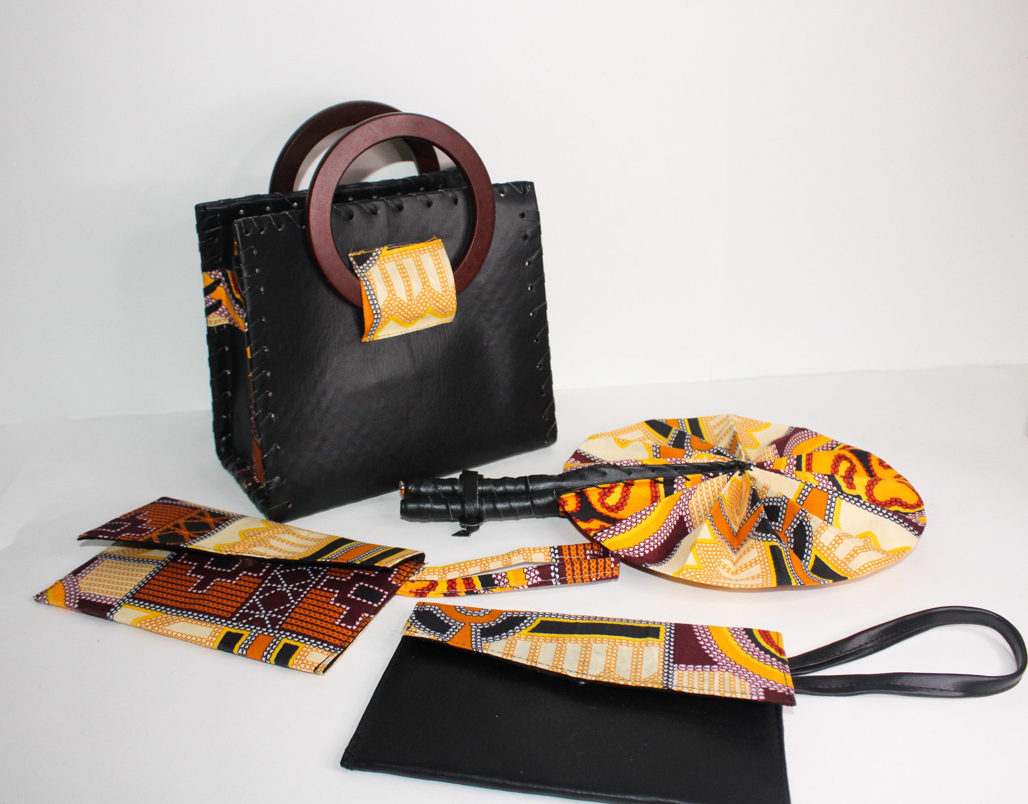 Black Vegan Leather Handbag – Golden Kente w/ fan & Wallet