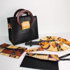 Black Vegan Leather Handbag - Golden Kente w/ fan & Wallet