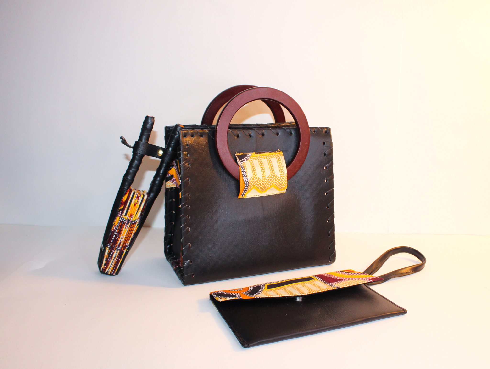 Black Vegan Leather Handbag - Golden Kente w/ fan & Wallet