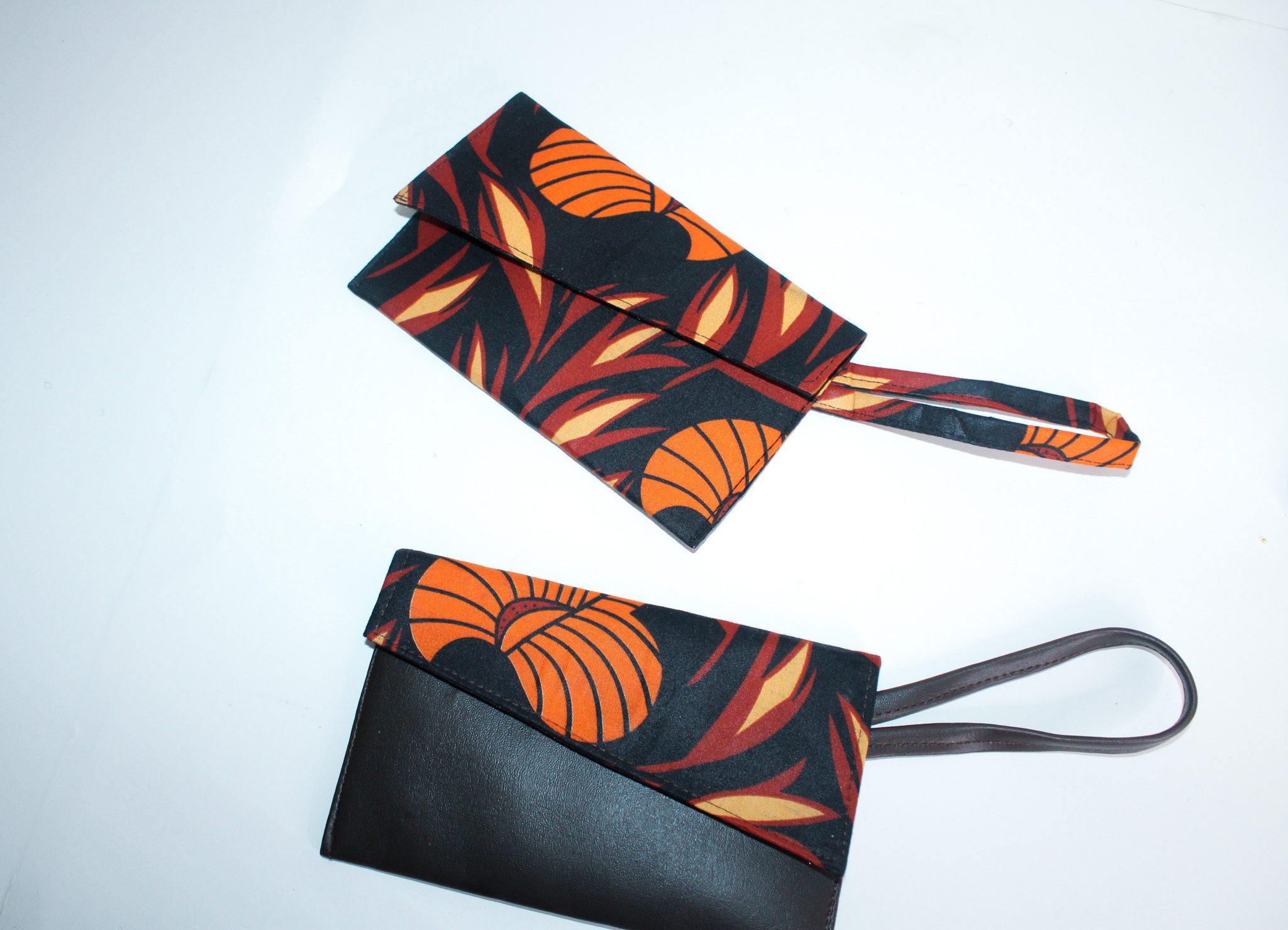 Wallet/ Wristlet Bag | Ankara Fabric & Brown Vegan Leather