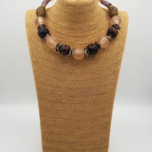 Corona Pink Brown Glass Brass Beads Handmade Necklace