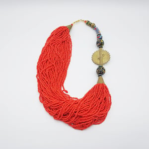 Regina Red Micro Beads Gold Medallion Handmade Necklace