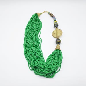 Regina Green Micro Beads Gold Medallion Handmade Necklace