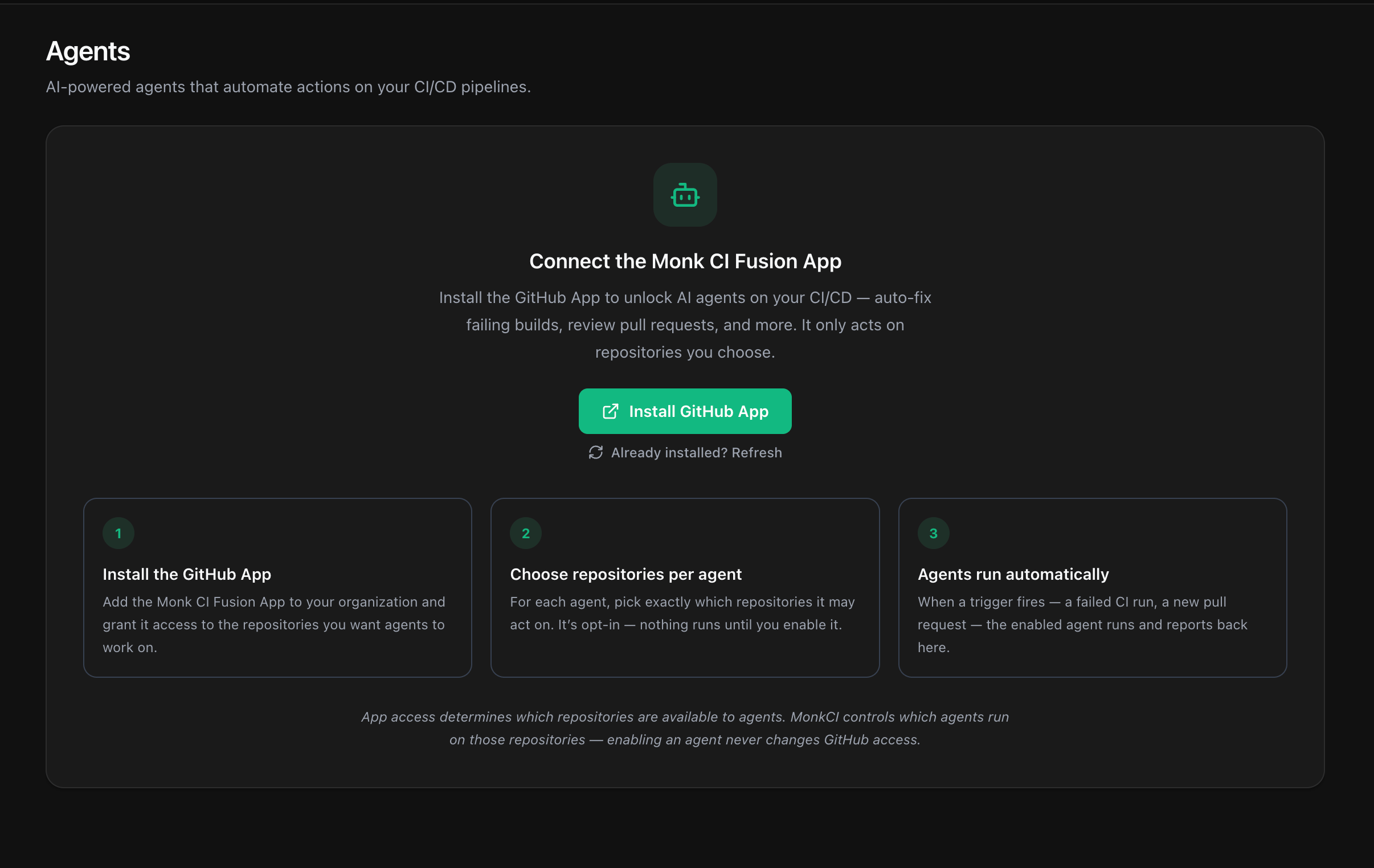 The Agents page before the app is connected, with an Install GitHub App button and three steps that read install the app, choose repositories per agent, and agents run automatically.
