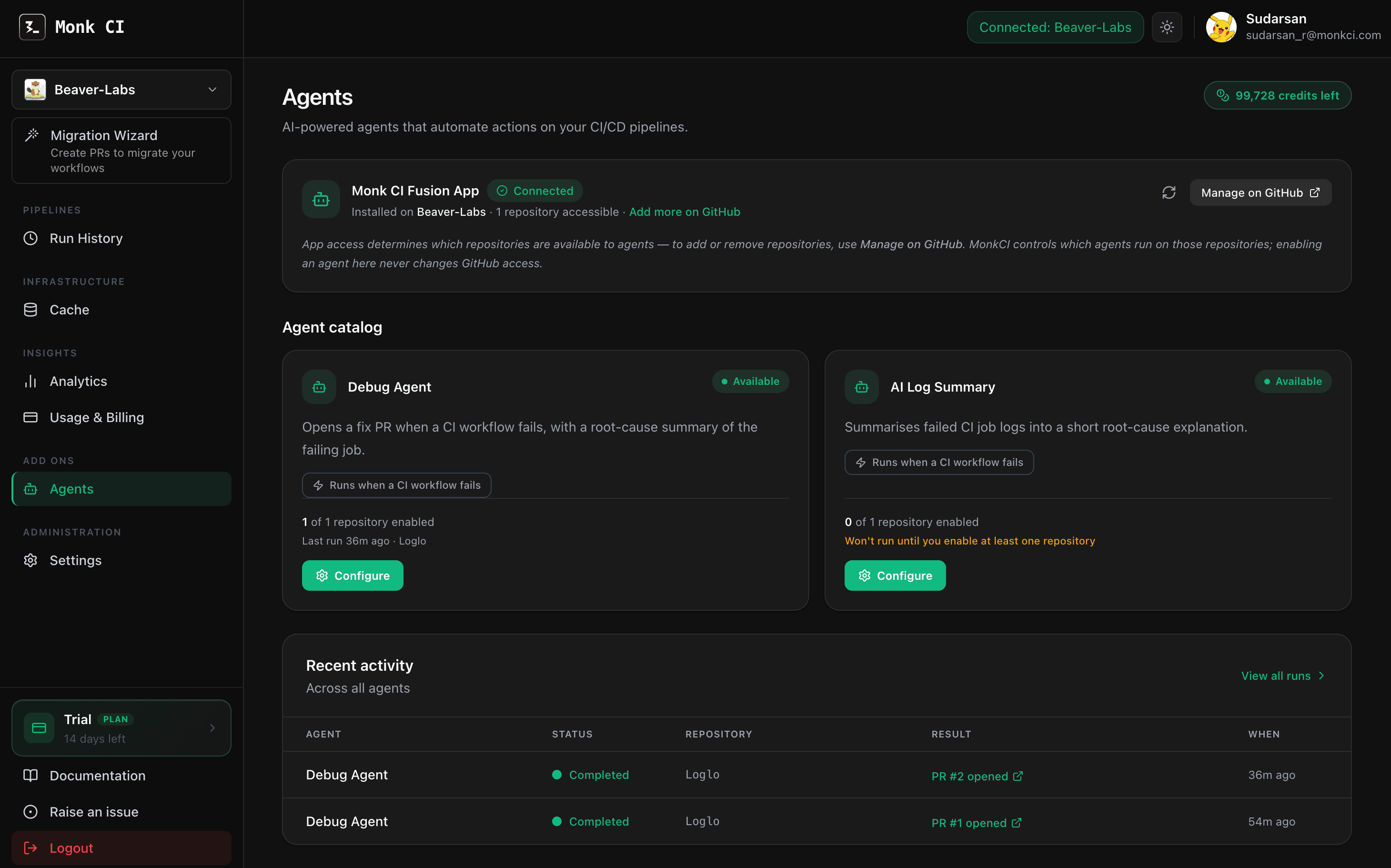 The Agents page after the app is connected, showing the Monk CI Fusion App marked as connected, the remaining credits, an agent catalog with the Debug Agent and AI Log Summary cards, and recent activity across all agents.