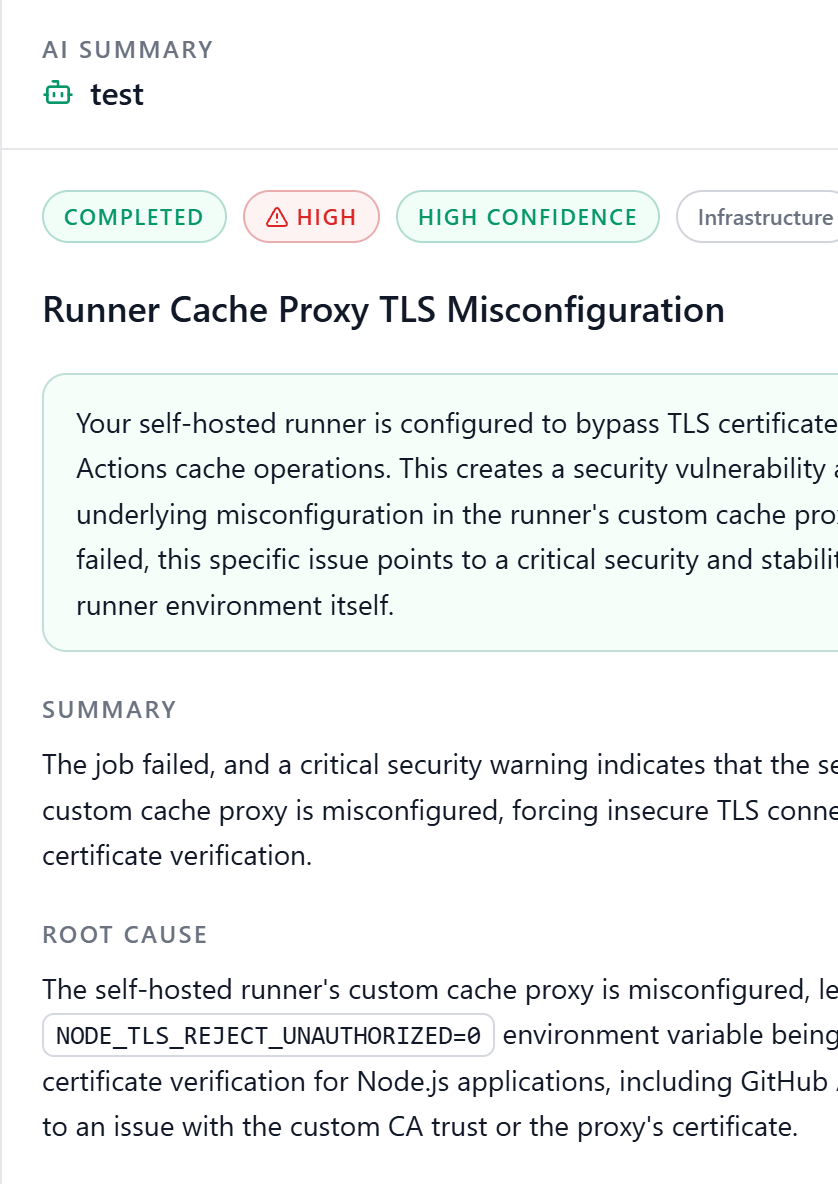 Monk CI AI summary of a failed GitHub Actions test run