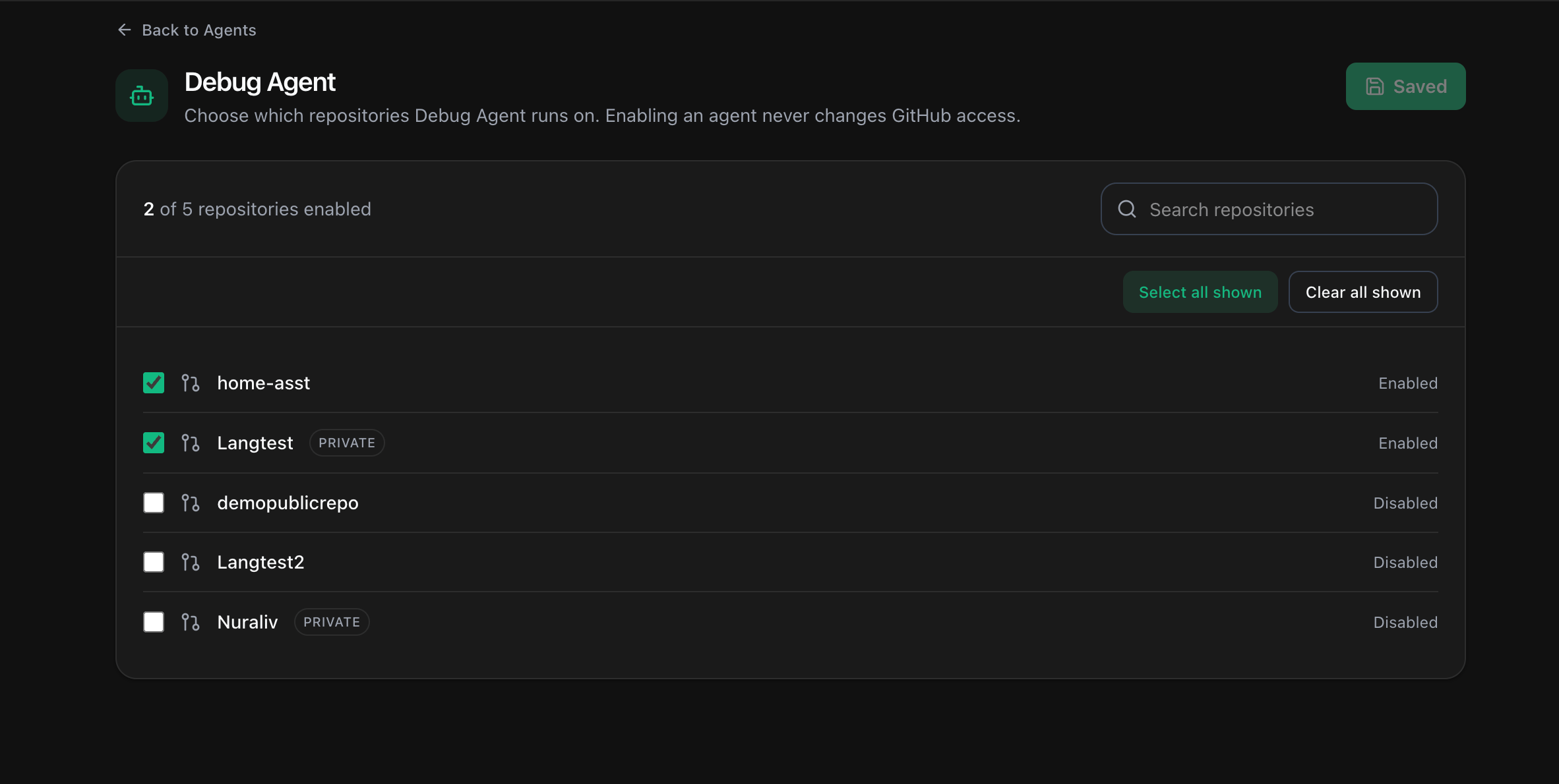 The Debug Agent repositories screen showing two of five repositories enabled, each with a toggle and an Enabled or Disabled label, and a Saved indicator.