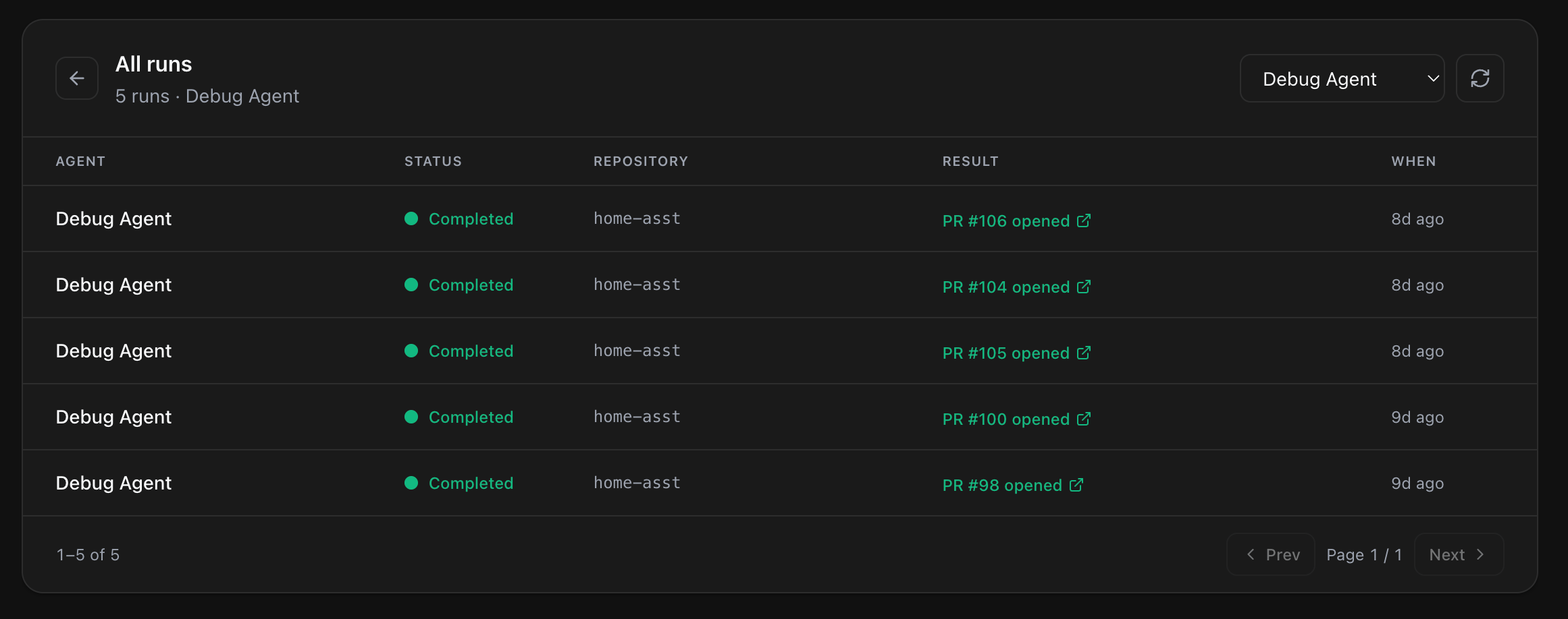 The All runs view filtered to the Debug Agent, listing completed runs with the agent, status, repository, result such as a pull request that was opened, and when each ran.