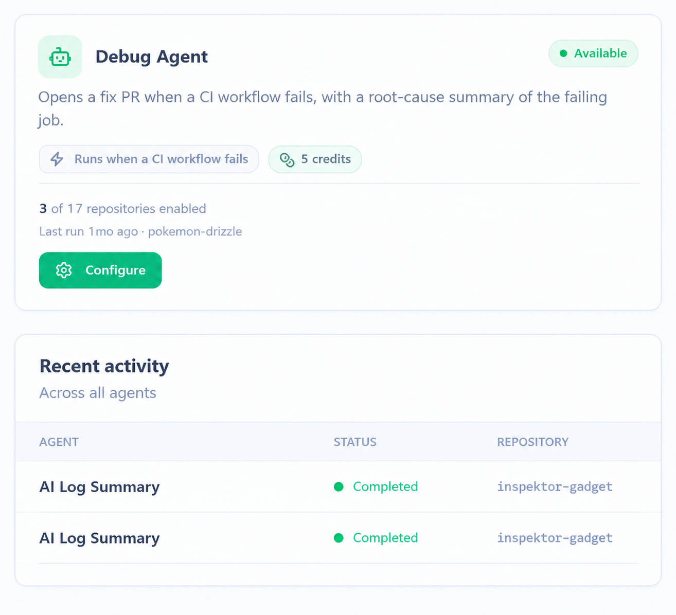 The Monk CI Debug Agent's settings and its recent activity on GitHub Actions runs