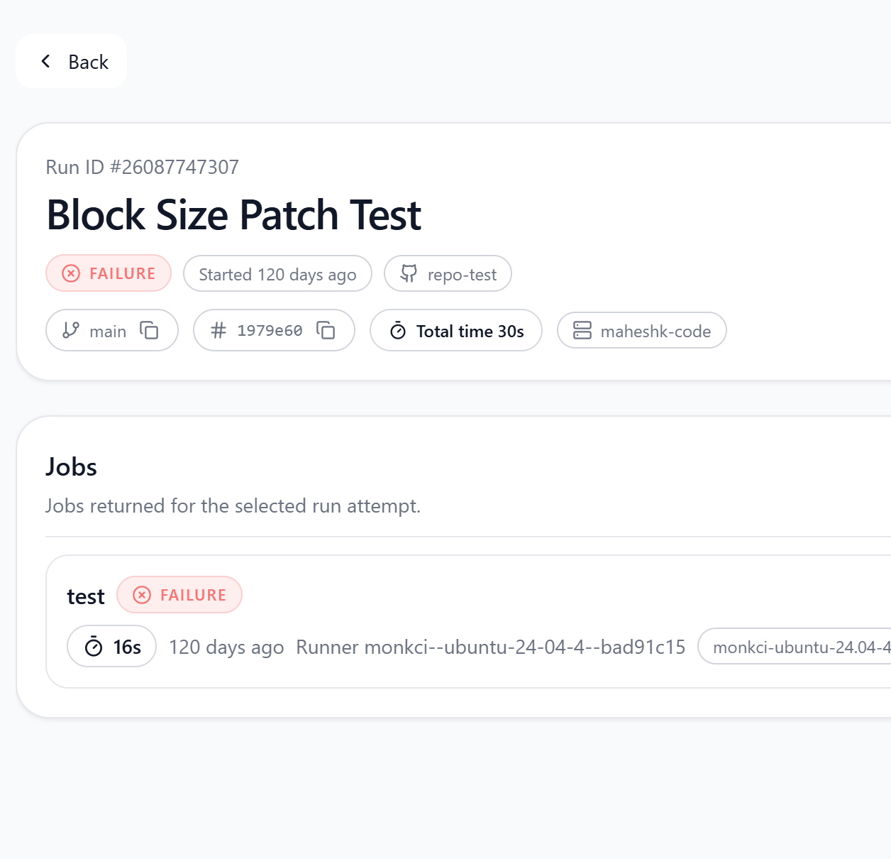 A failed GitHub Actions job in Monk CI