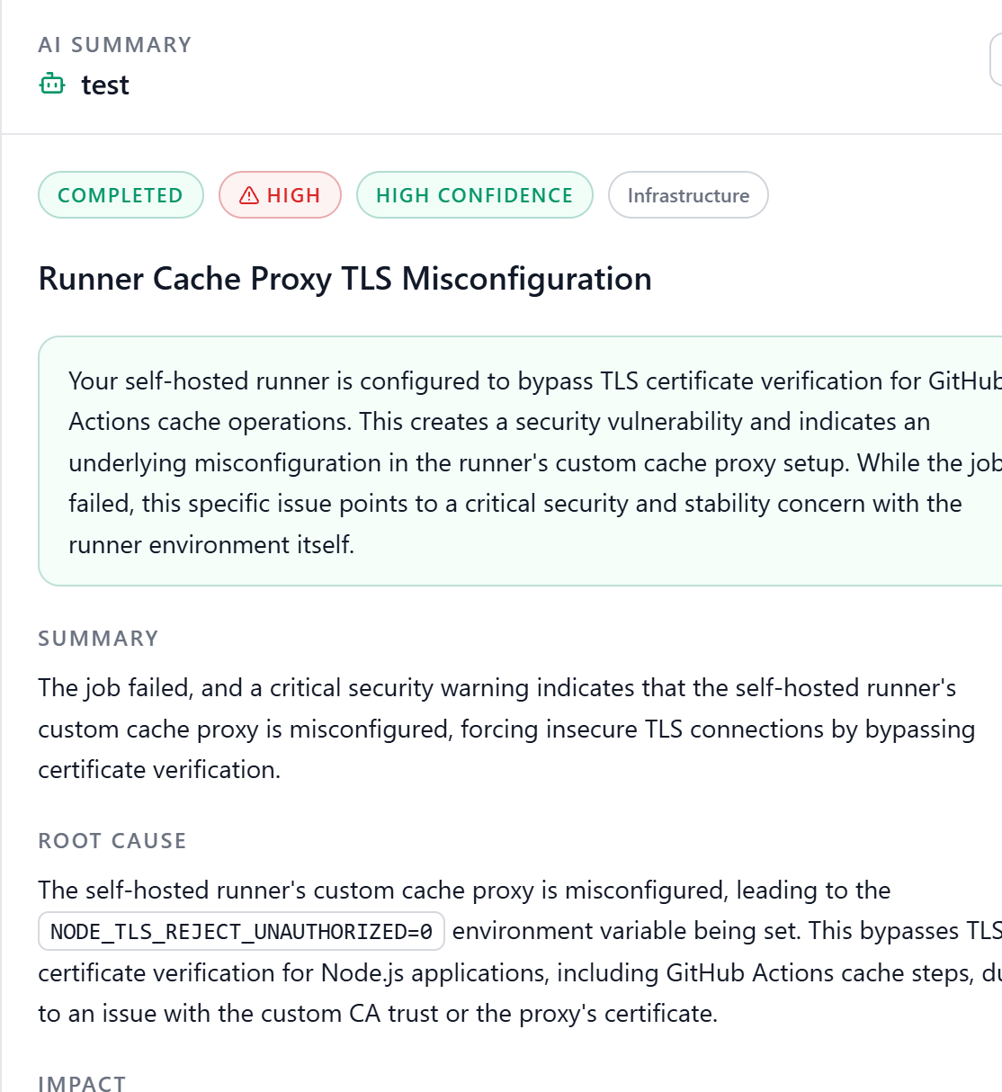 Monk CI AI Log Summary identifying the issue behind a failed GitHub Actions run