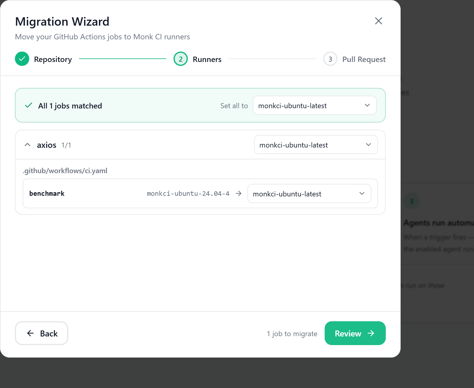 The Monk CI Migration Wizard matching a repository's GitHub Actions jobs to Monk CI runners