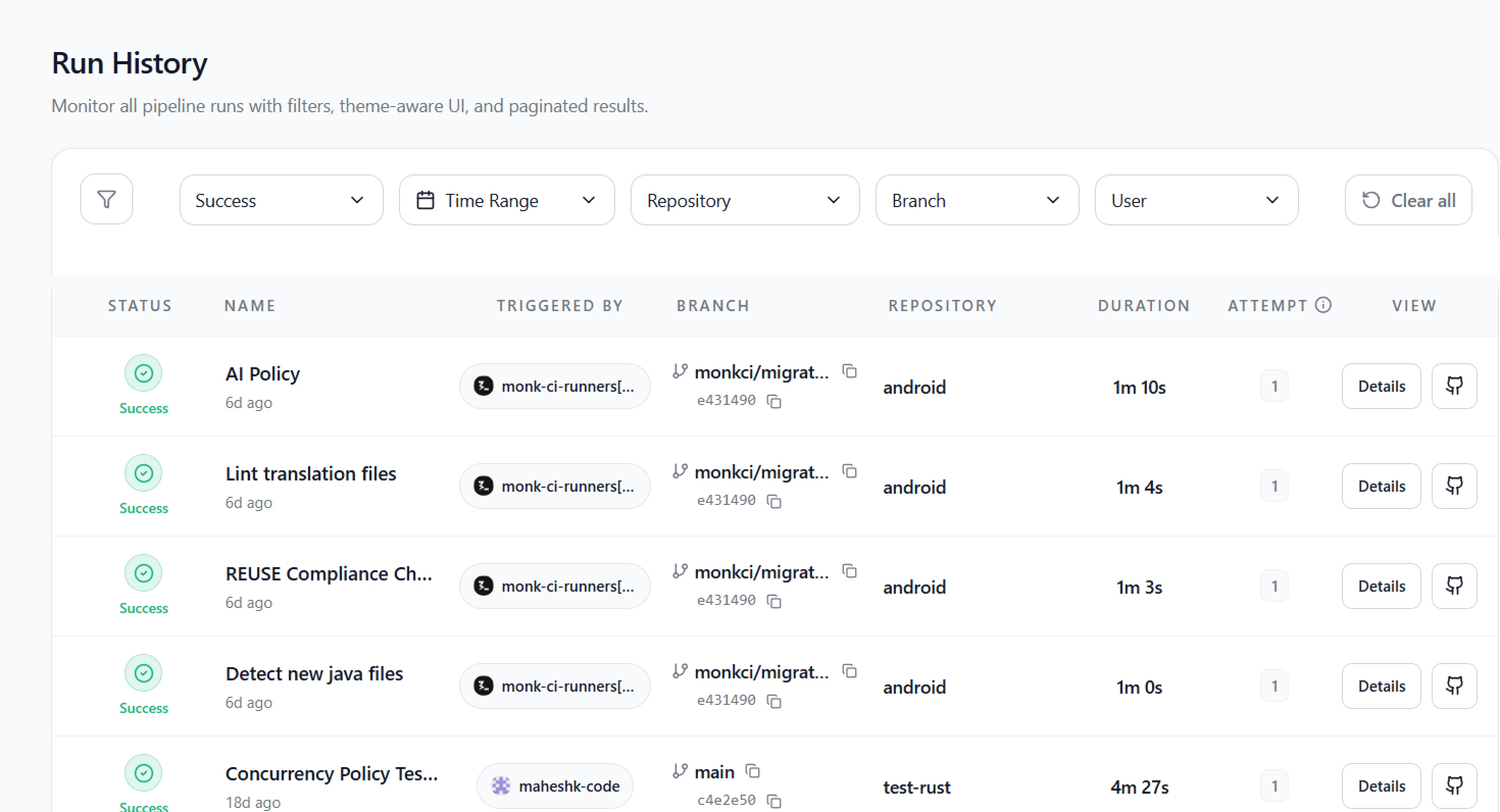 Monk CI run history for GitHub Actions workflows, with each run's status, name and trigger