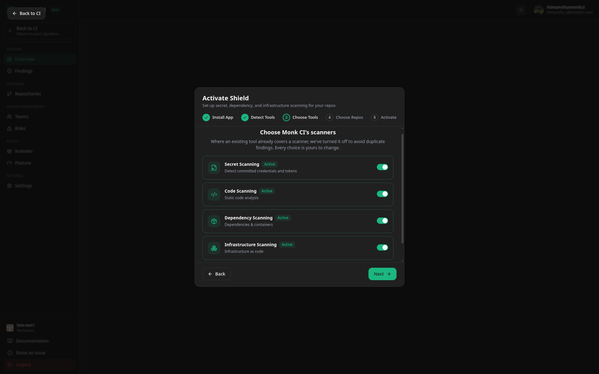 The Choose Tools step of the Activate Shield wizard, showing Secret Scanning, Code Scanning, Dependency Scanning and Infrastructure Scanning with toggles.
