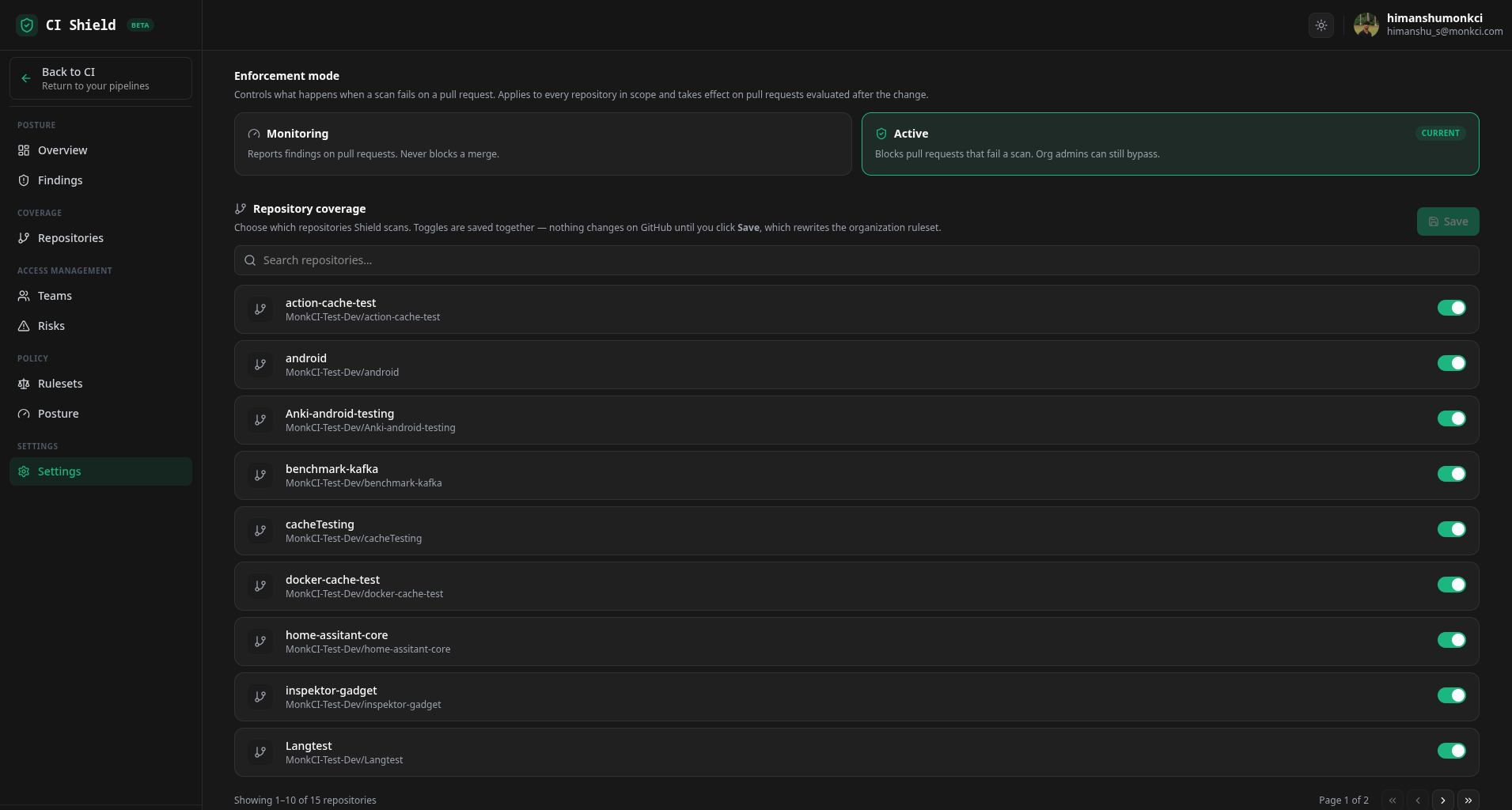 The Shield Settings page: Enforcement mode with Monitoring and Active options, and Repository coverage with per-repository toggles and a Save button.