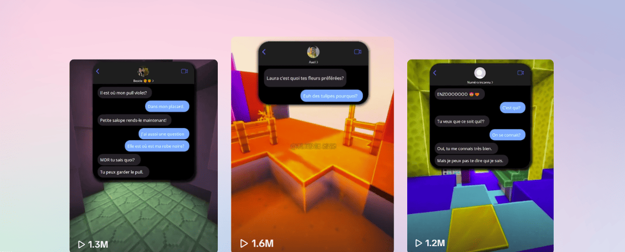 Image mettant en avant des vidéos générées par l'IA de Vexub simulant des conversations SMS humoristiques et immersives sur fond de jeu 3D, avec plus d'un million de vues.