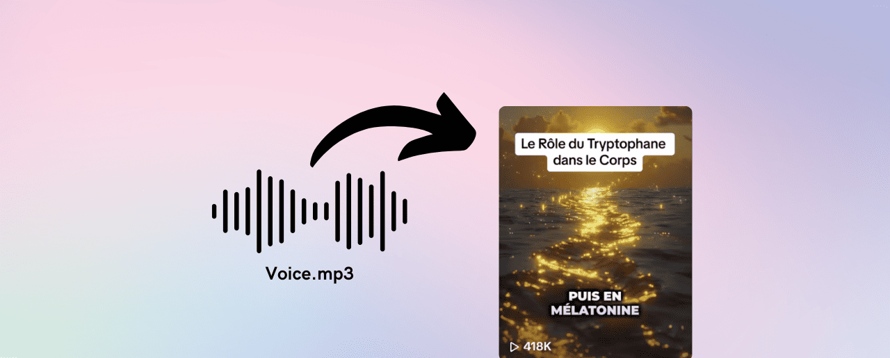 Visuel montrant la transformation d’un fichier audio Voice.mp3 en une vidéo générée par Vexub sur le rôle du tryptophane dans le corps, avec un fond océan doré.