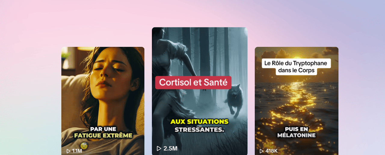 Aperçu de vidéos IA santé générées à partir de texte avec Vexub, vues allant jusqu'à 2,5 millions.