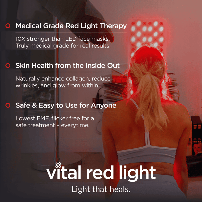 A person in workout attire uses a red light therapy panel. Main text highlights benefits: medical-grade therapy, skin health improvement, and safety. Branding stays prominent with the slogan neatly placed at the footer.