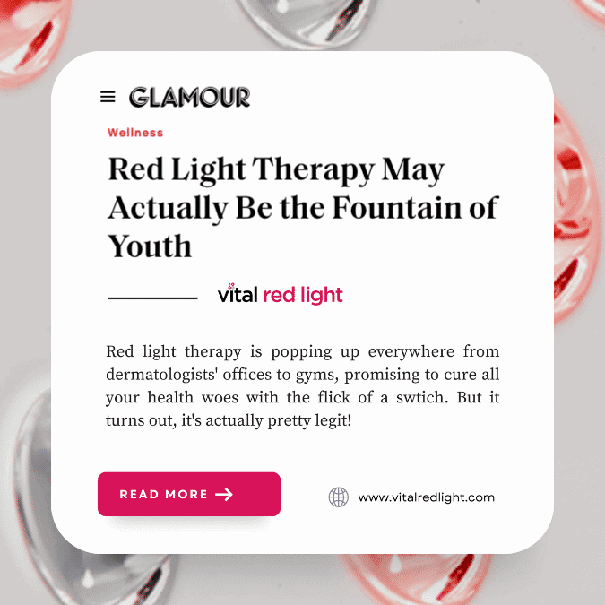 Magazine article screenshot titled "Red Light Therapy May Actually Be the Fountain of Youth," spotlighting the growing popularity of this treatment. Discover why red light therapy might be the main reason behind increasingly youthful appearances and radiant skin.