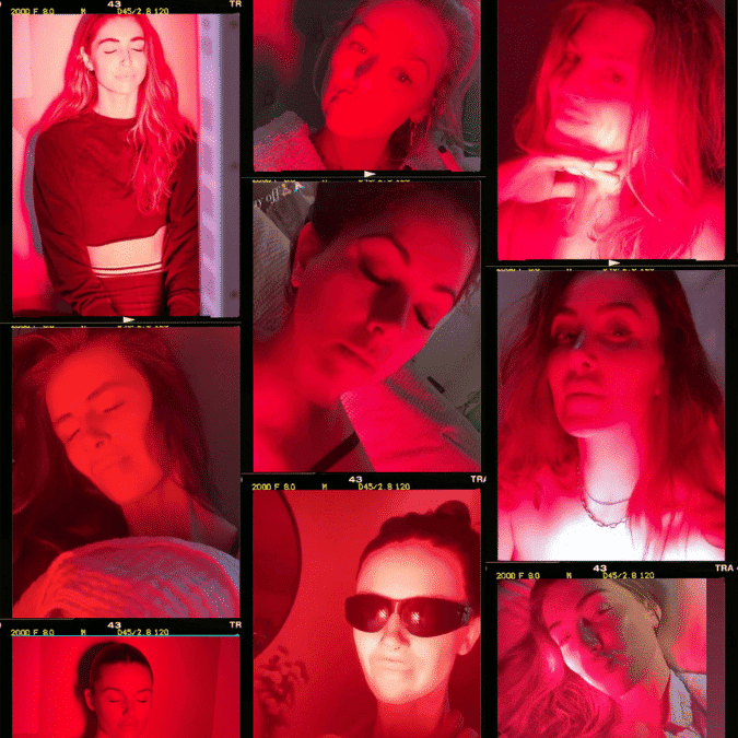 A vibrant collage of nine photos showcases a woman posing under red lighting, each image capturing her unique expressions and angles. Positioned as the main highlight, her dynamic energy permeates through every frame.