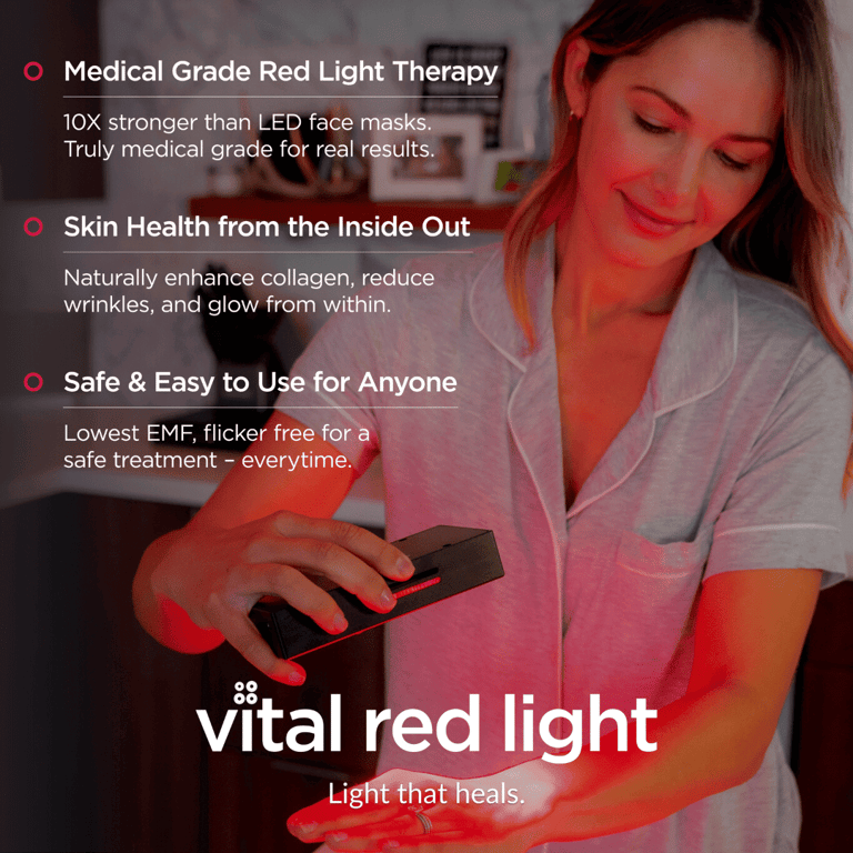 A woman applies the Vital Red Light, a handheld red light therapy device, to her arm. The text underscores the safety and skin health benefits, emphasizing its medical-grade quality and vital charge for revitalizing your skin effortlessly.