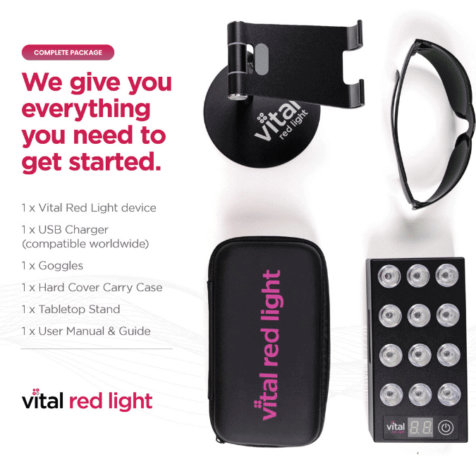 Vital Red Light package contents displayed, including the red light device, USB charger, goggles, carry case, tabletop stand, and user manual. Branding and text detail package components on the left.