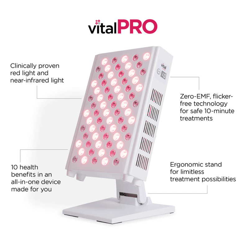 Vital Red LIght. Red Light Therapy. A white and pink red light therapy device labeled "vitalPRO" on an ergonomic stand, with text highlighting clinical proof, safety features, and multiple health benefits.
