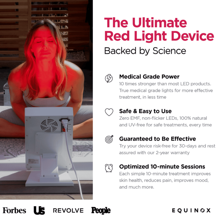 A person uses the Vital Pro red light therapy device. Text highlights benefits: medical-grade power, ease of use, effectiveness guarantee, optimized sessions. Logos of Forbes, Us, Revolve, People, Equinox.