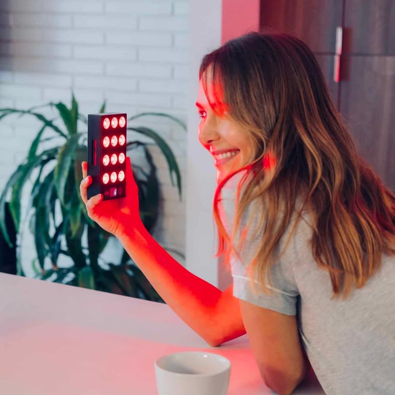 A woman holds a portable red light therapy device in a bright room, smiling with a plant and mug nearby.