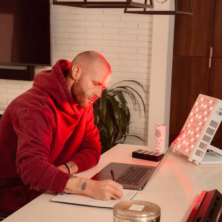 A person in a red hoodie writes on paper beside a laptop, illuminated by red light from a panel. A canned drink is on the table.
