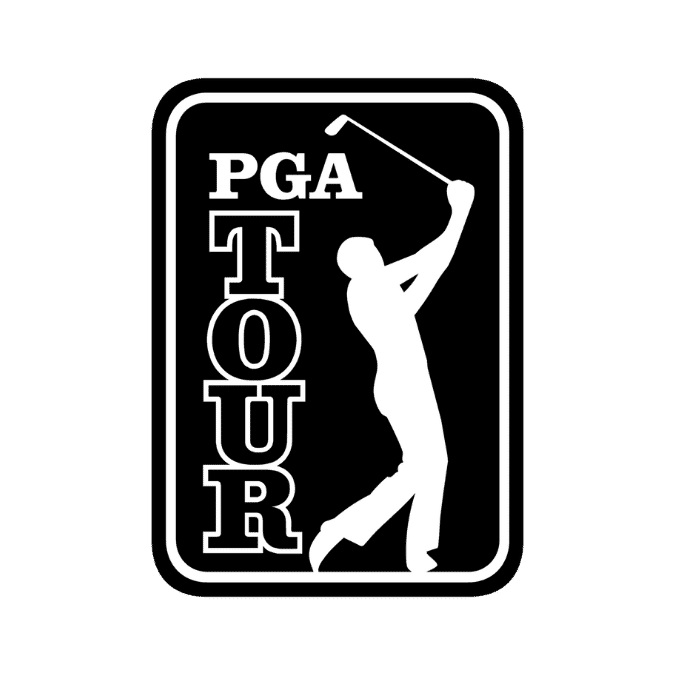 The iconic black and white PGA Tour logo showcases a silhouetted golfer in mid-swing, embodying the essence of vital elite performance. The "PGA TOUR" text is elegantly positioned vertically on the left, highlighting the prestige of this renowned sporting event.