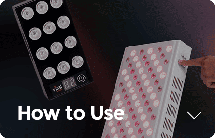 Two LED light therapy devices are shown, one black and one white. A hand points at the white device, illustrating its use for red light therapy. The text at the bottom reads "How to Use," hinting at what red light therapy is good for: rejuvenating skin and promoting healing.