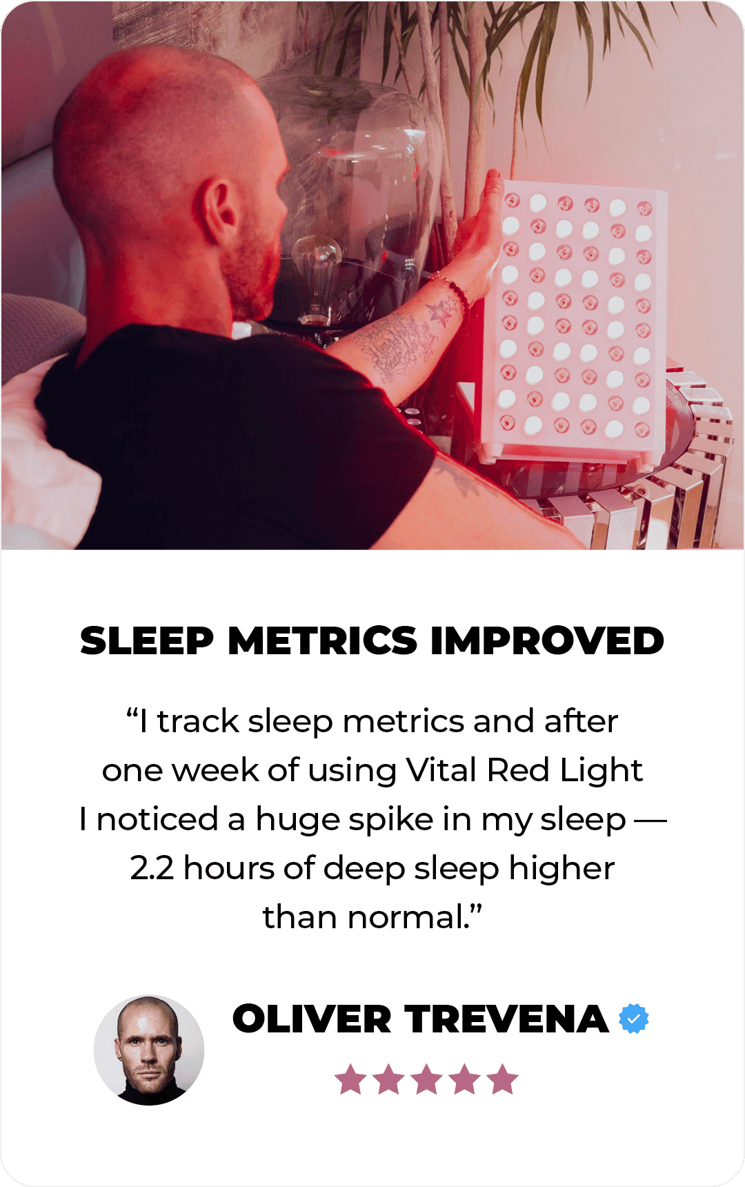 A man sits beside a Vital Red Light therapy device. Text below reads: "Sleep metrics improved. I noticed a huge spike in my sleep—2.2 hours of deep sleep higher than normal." Oliver Trevena.