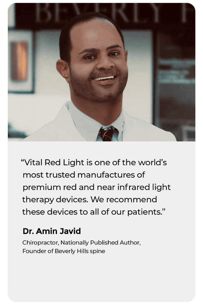 Man in a medical setting with a quote about recommending light therapy devices, attributing endorsement to a chiropractor.