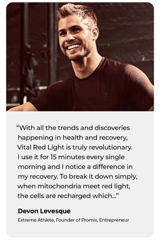 A man smiling while standing. Text below features a quote about health recovery benefits of Vital Red Light, mentioning a daily 15-minute usage.