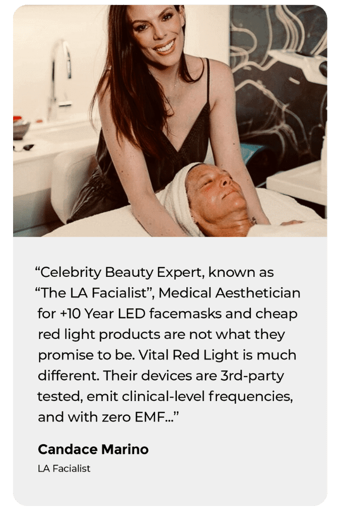 A woman smiles while standing behind another person lying down with a facial treatment. Text below describes the treatment benefits by Candace Marino, LA Facialist.
