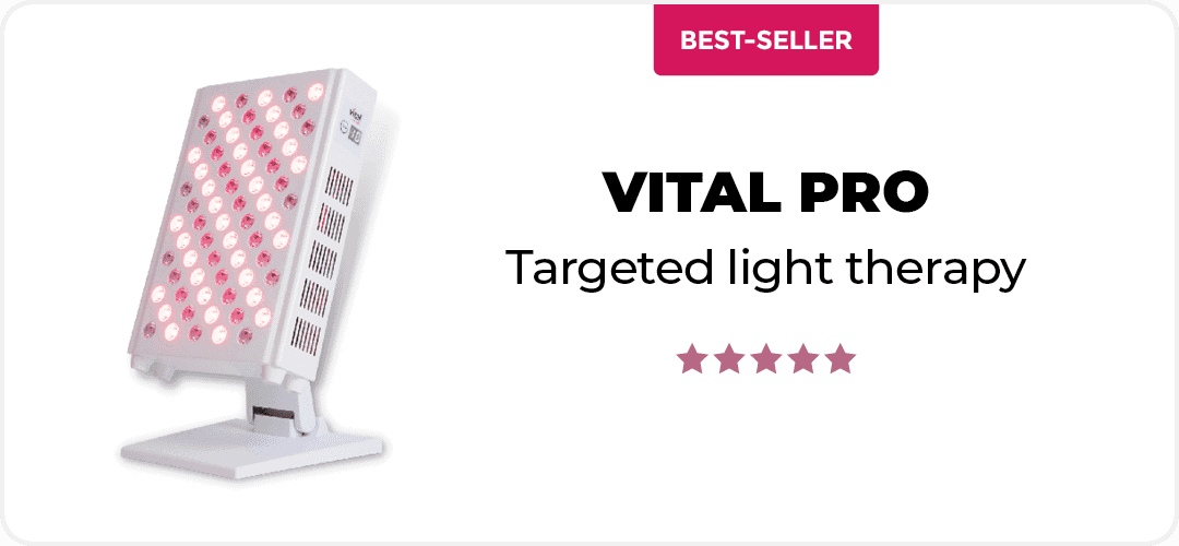 Image of Vital Pro light therapy device with pink lights. Text reads "BEST-SELLER," "VITAL PRO," and "Targeted light therapy" with a 5-star rating.