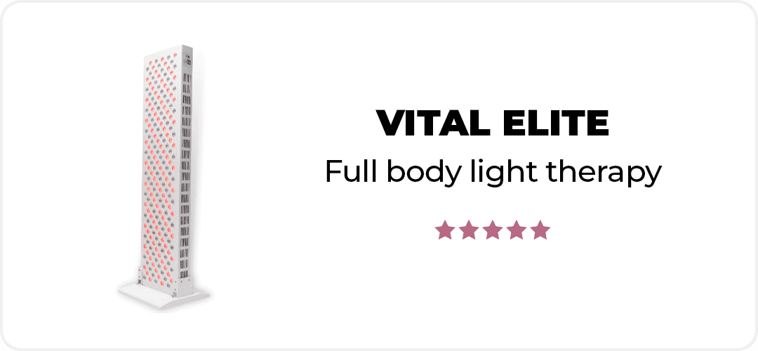 Tall light therapy device with red lights and the text "VITAL ELITE Full body light therapy" alongside a five-star rating.