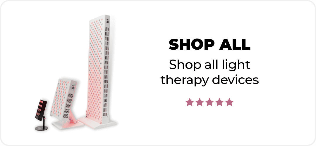 Three light therapy devices in varying sizes are displayed, accompanied by text: "Shop all light therapy devices" with a five-star rating.